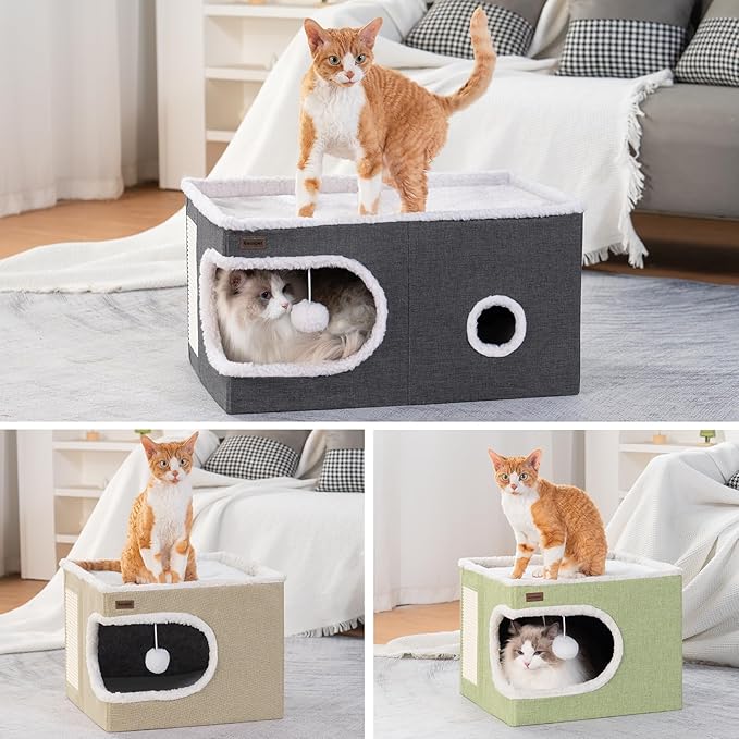 Cat Bed for Indoor Cats Cube House, Covered Cat Cave Beds & Furniture with Scratch Pad and Hideaway Tent, Cute Modern Cat Condo for Multi Small Pet Large Kitten Kitty, Navy