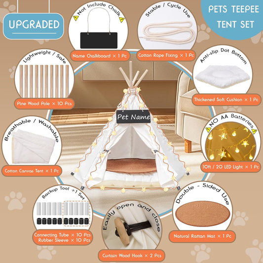 24" Dog& Cat Teepee Tent +28" Pet Cooling Mat +10ft Star String Light [2-Modes],Cotton Thicked Soft Comfort Anti-Slip Cushion (Used/Wash Separately), Indoor or Outdoor Large Pets Tents House