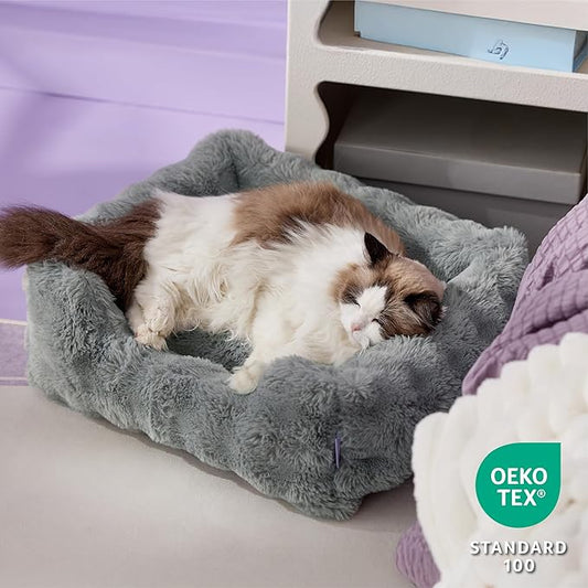 Lesure Fluffy Dog Beds for Puppy&Kitten- Orthopedic Rectangle Calming Pet Sofa,Fluffy Plush Bubble Bolster Cat Bed with Removable Washable Cover and Nonskid Bottom,20x19x6inches,Grey