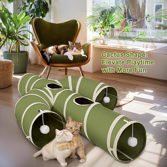 Ownpets Cat Tunnel Large 12 inch Diameter, Cactus-Shaped Cat Tunnel Toy, Sturdy Oxford Fabric Collapsible Cat Tunnels for Indoor Cats, Interactive Peek Hole Pet Tunnel Tube with Cat Wand Toy, Green