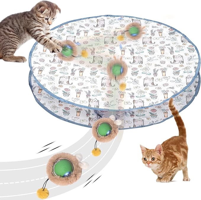 Interactive Cat Toys for Indoor Cats, Fast Rolling Cat Ball Toy in Pouch, Automatic Motion Activated Moving Ball Hide and Seek Exercise Game for Bored Cats, Rechargeable Kitten Toys with LED Light