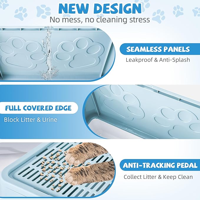 Cat Litter Box with Litter Mat, Foldable Extra Large Free in and Out/One-Way with Lid, Drawer Type Enclosed Kitty Litter Box,Odor Control Anti-Splashing Easy Cleaning (Blue)