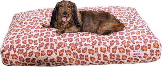 DBD3001F-M Mabel 35" x 23" Designer Modern Ultra Soft Reversible Plush Rectangular Pet Bed with Washable Cover, Raspberry Leopard