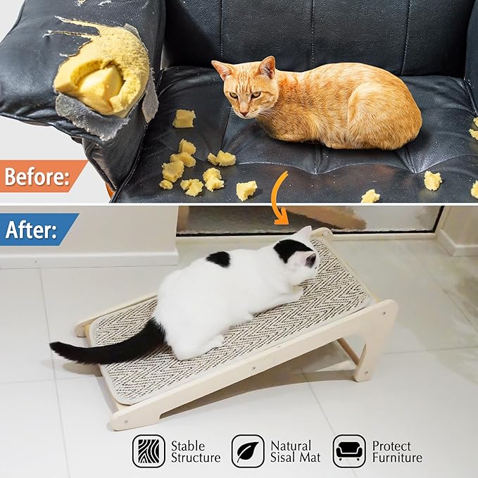 PETKARAY L Shape Cat Scratcher, Sisal Scratching Ramp, Chevron Scratching Pad for Indoor Cats, 27" Wall Furniture Protector with Mouse Toy