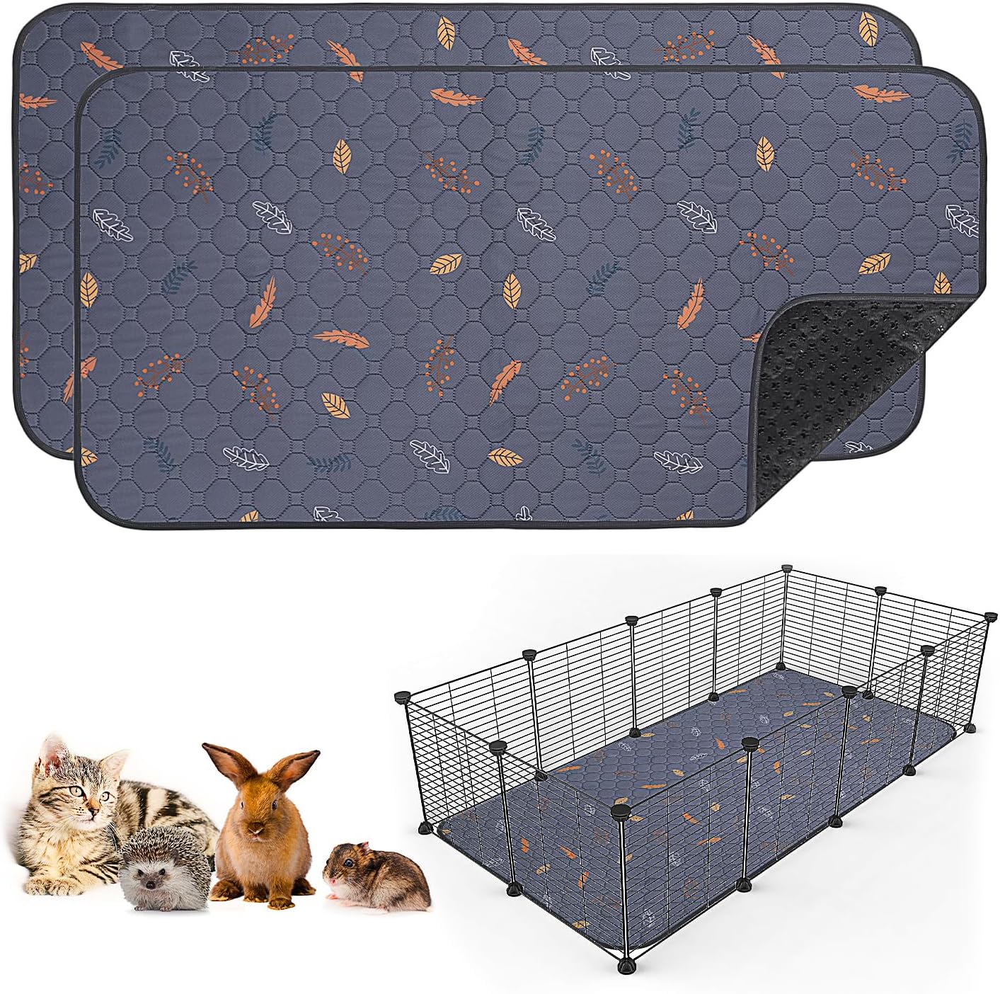 Sunheir 2 Pack Washable Guinea Pig Pee Pads, 24" x 48" Waterproof Reusable Guinea Pig Cage Liners, Absorbent Bedding Training Mat for Small Animal Guinea Pigs Rabbit Bunny Hamster (Leaves - Deep Grey)
