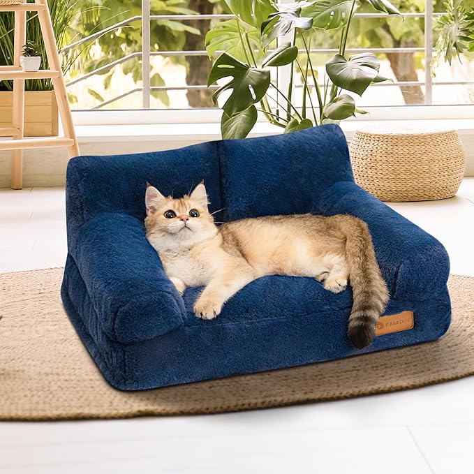 Cat Couch Bed - Cat Bed for Indoor Cats, Calming Pet Sofa Puppy Sleeping Bed with Removable Washable Cover, Cute Dog Couch and Kitty Lounge Chair for 12lbs Cats & Small Dogs(Navy Blue)