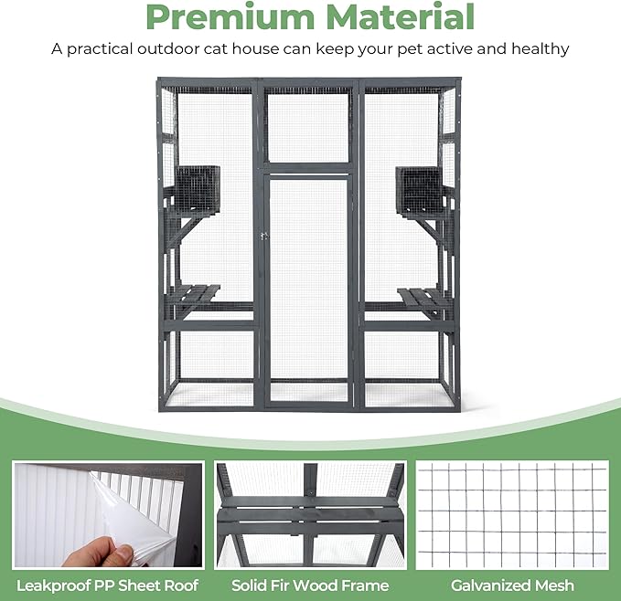 Large Stylish Wooden Catio Outdoor Cat Enclosure Cat Cage & Run Enclosures Indoor Kitty Window Catio with Waterproof Roof, 7 Platforms & 2 Resting Box, UV Resistant, 62.4" L x 32.4" W x 70" H (Grey)