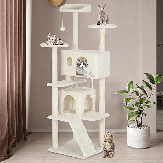 BestPet 62in Cat Tree Tower for Indoor Cats,Multi-Level Cat Furniture Activity Center with Cat Scratching Posts Stand House Cat Condo with Funny Toys for Kittens Pet Play House,Beige