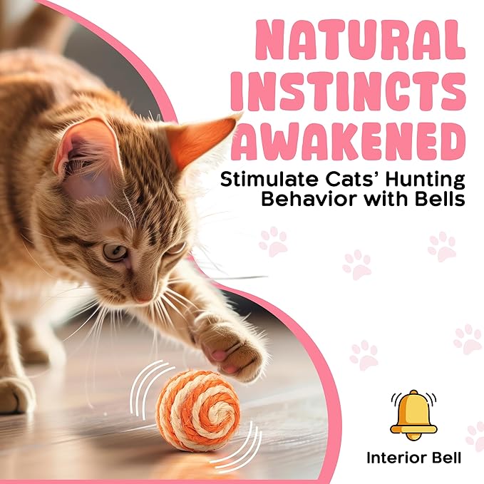 Cutie's PetBox 3-Pack Sisal String Rattle Ball Toy for Indoor Cats - All Natural Woven Fibers, Assorted Colors, 1.7" Size