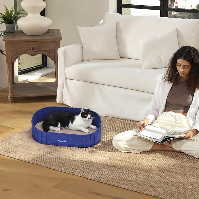 FUKUMARU Cat Scratcher, 24 Inch Sofa Shape Cat Scratcher Couch Bed, Reversible Detachable Cats Scratching Board, Round Cats Scratch Pads Refill Indoor, Blue