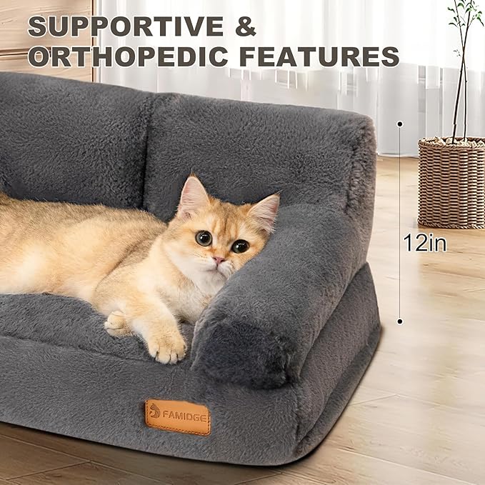 Cat Couch Bed - Cat Bed for Indoor Cats, Calming Pet Sofa Puppy Sleeping Bed with Removable Washable Cover, Cute Dog Couch and Kitty Lounge Chair for 20lbs Cats & Small Dogs(Dark Grey)