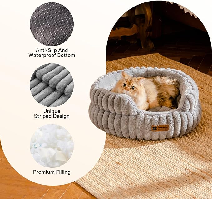 MEWOOFUN Washable Small Dog Bed, Cat Beds for Indoor Cats with Anti-Slip Bottom, Round Pet Bed for Puppy and Kitten (Grey, 24"x24"x9")