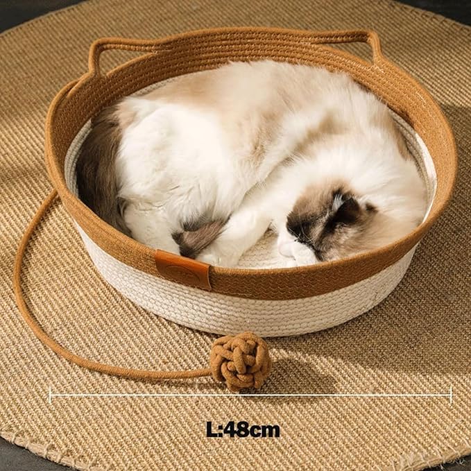 Cutypet Cat Basket, Cuty Pet Basket, Handwoven Cotton Rope Cat Bed, cat Scratch Bed with Built-in Teasing Ball, Breathable & Easy to Clean and Detachable Pad (Brown, Large)