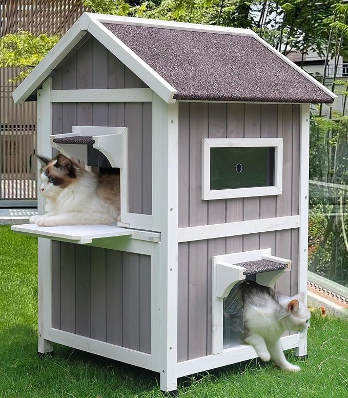 Rockever Outdoor Cat House, 2 Story Outdoor Houses for Feral Cats Wooden Outside Cat Shelter Weatherproof with Escape Door