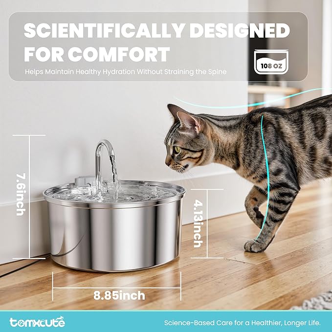 Tomxcute Cat Water Fountain, 3.2L/108oz Automatic Stainless Steel Pet Fountain Dog Water Dispenser, Ultra-Quiet Pump and 3 Replacement Filters & for Cats, Dogs, Multiple Pets