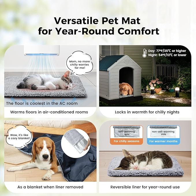 Dog Bed Mat Self Heating Pad for Large Medium Dogs, Dog House Bed Crate Pad for Sleeping Self Warming Pet Bed Puppy Blanket with Removable Washable Cover, Grey 48 Inches