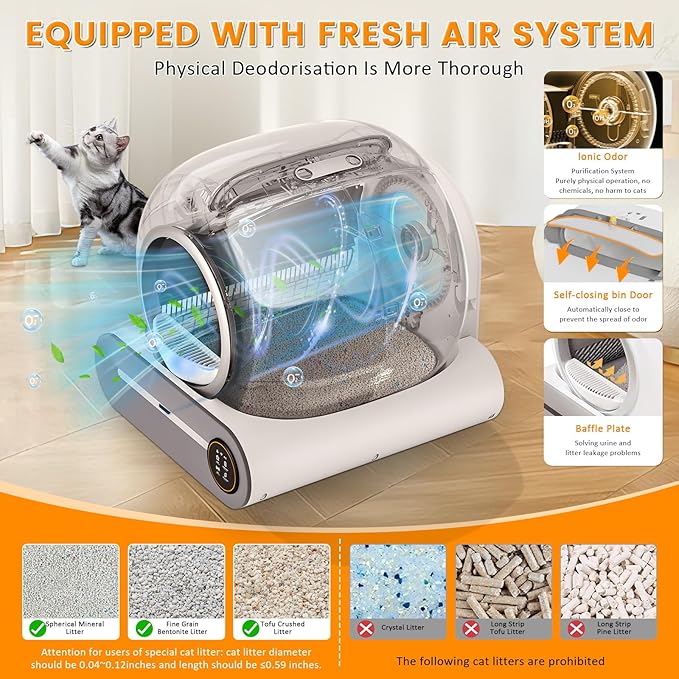 Self Cleaning Cat Litter Box, 65L+ 9 L Extra Large Robot Automatic Litter Box for Multiple Cats, APP Control, Deodorization & Negative ion Sterilization,[White]