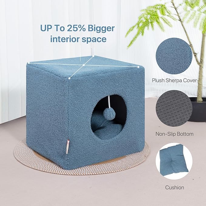 Cat House for Indoor Cats, Fluffy Large Cube Cat Cave Bed, Perfect Hideaway for Multiple Cats & Small Pets, Detachable Sherpa Cover 16 Inches