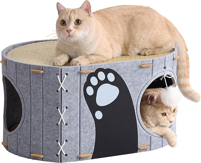 Cat House for Indoor Cats, 23" x 15" x 12" Large Felt Covered Cat Cave for Multiple Cats,Clawsable Enclosed Cat Hideout Houses & Condos with Fluffy Ball,Cozy Scratch Resistant House for kitty