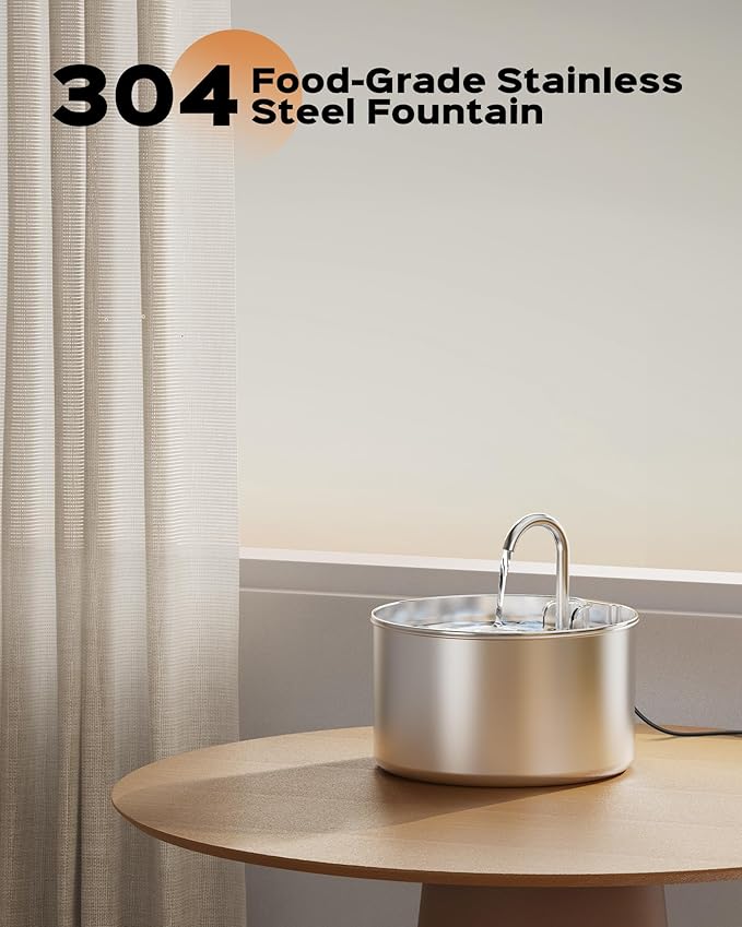 AOOGITF Cat Water Fountain + 8 Filters + 8 Sponges, 304 Stainless Steel Pet Water Fountain, 24 Hours Keep The Water Clean, 74oz Capacity, Ultra-Quiet, No Sputter, Compact, Easy Cleaning