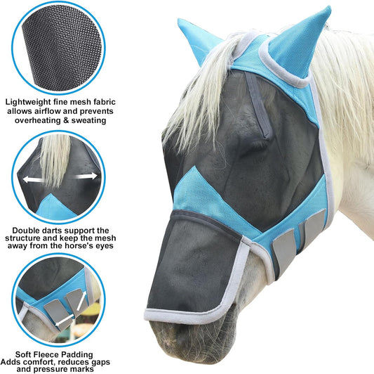 Horse Fly Mask with Ears & Long Nose Cover | Forelock Opening for Tangle-Free Mane Care | UV Protection & Breathable Mesh | No Rub Fit and Enhanced Visbility for Trail Riding Paleblue Full