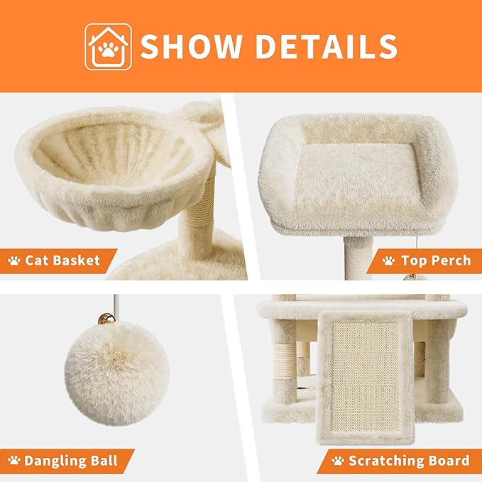 68.5 Inch Multi-Level Cat Tree, Plush Cat Tower with Condo/Sisal Scratching Posts/Hammocks/Basket/Dangling Ball/Platform, Heavy Duty Cats Tree to Play and Sleep, 2604#Beige