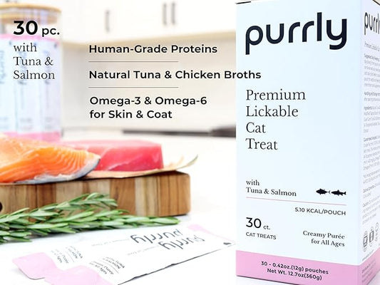 Purrly Squeezable Cat Treats Wet Healthy Interactive Hydrating Human-Grade Tuna & Salmon with Omega-3 & 6 for Skin & Coat (30 Count) Lickable Healthy Creamy Puree