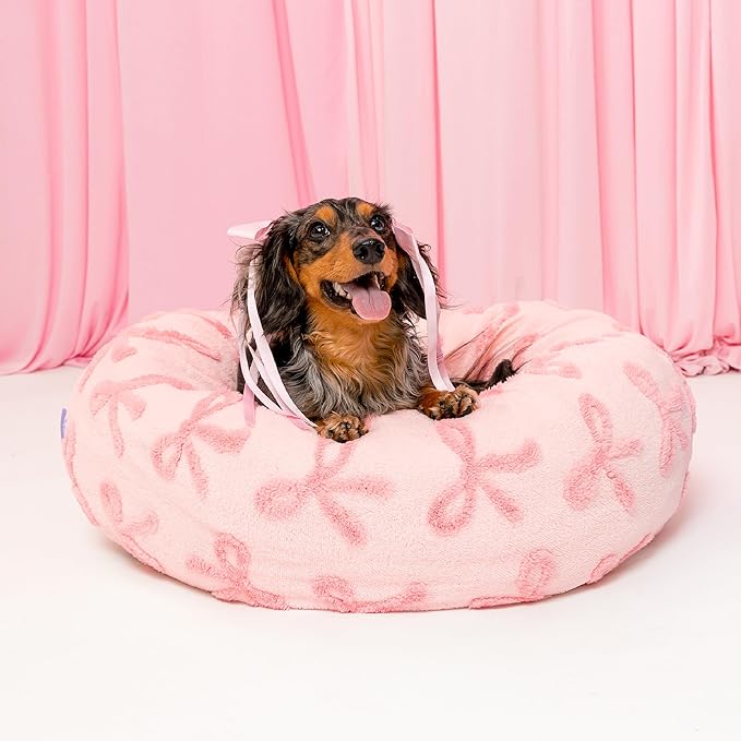 LE SURE Donut Medium Dog Bed - Round Cat Beds for Indoor Cats Calming Pet Beds, Cute Modern Beds with Jacquard Shaggy Plush & Anti Slip Bottom, 30 Inch, Pink Taffy