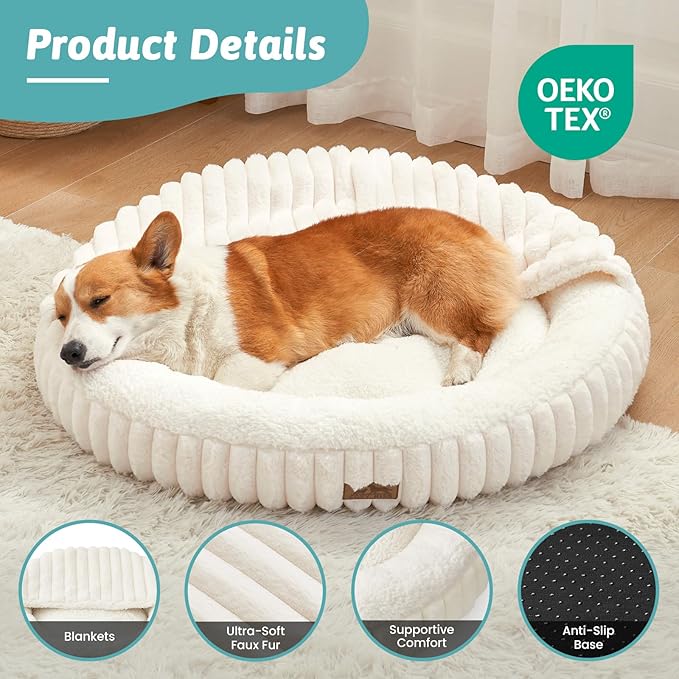 Dog Bed with Hooded Blanket, Round Fluffy Anti-Anxiety Pet Bed for Medium Dogs & Large Dogs, Cozy Donut Cuddler with Machine Washable Faux Fur & Anti-Slip Bottom(35"×35"×7",Cream)