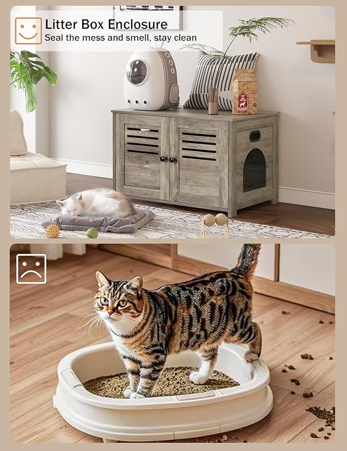DINZI LVJ Litter Box Enclosure, Cat Litter House with Louvered Doors, Entrance Can Be on Left or Right Side, Spacious Hidden Washroom for Most of Box, Furniture Cabinet, Gray Wash
