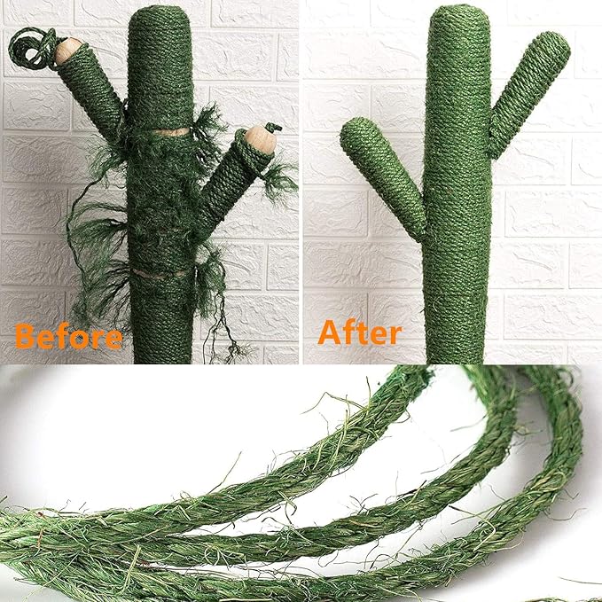 Green Cat Sisal Rope 6mm,JSPYFITS 1/4 inch Premium Durable Unoiled Sisal Twine for Repairing, Recovering or DIY Scratcher, Twisted Fiber Hemp Rope for Cat Tree and Tower (30M/98FT)