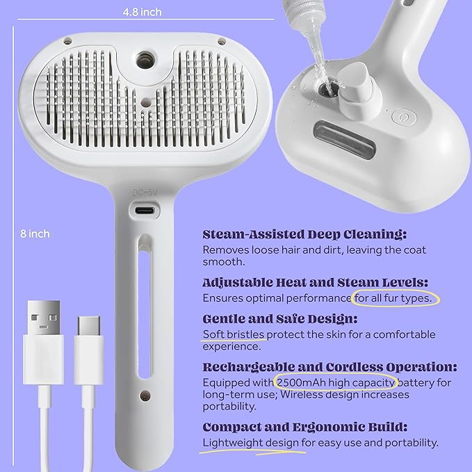 Rechargeable Silicone 3 in 1 Pet Hair Removal Tool - Self Cleaning Steamy Brush for Massage, Shedding & Grooming - Cat & Dog Hair Remover