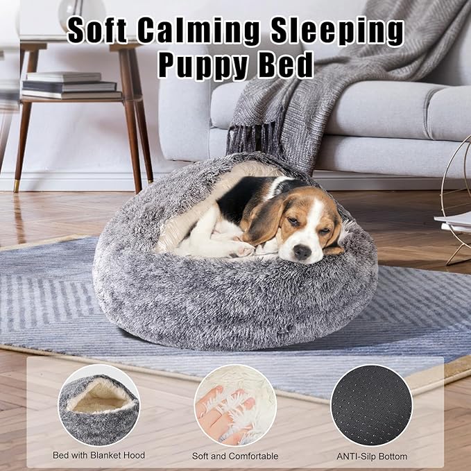 Cat Beds for Indoor Cats,Cat Cave for Puppy and Kitty,Calming Small Dog Bed for Small Dogs with Cover Cave,Cozy Warming Fluffy Washable Anti-Slip Pet Sleeping Bag (20 * 20inch,Grey)