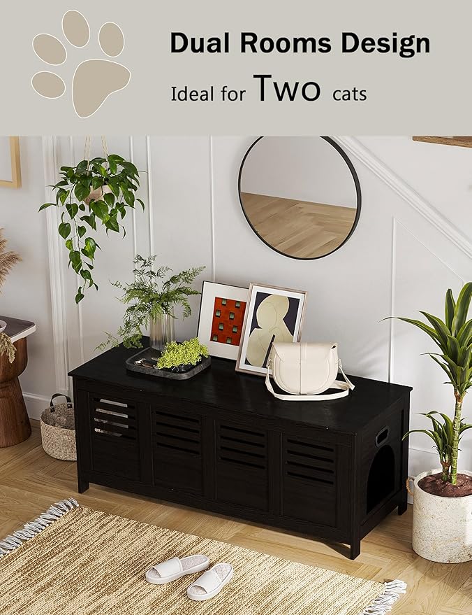 DINZI LVJ Litter Box Enclosure Furniture for 2 Cats, Top Opening Hidden Litter Box with Double Rooms, Dual Cat House with Good Ventilation, 47.2" Wooden Cat Washroom, Espresso