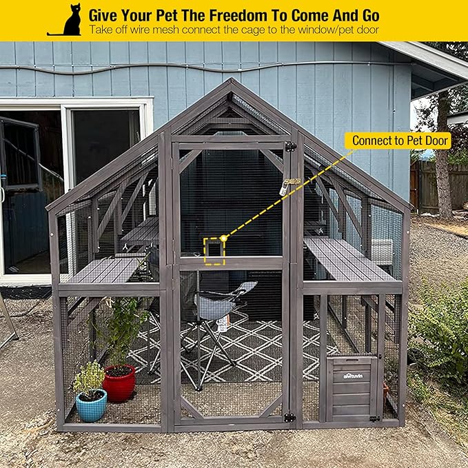 Aivituvin Cat House Outdoor Catio Kitty Enclosure with Super Large Enter Door,Wooden Cat Cage Condo Indoor Playpen with Platforms,Small House 110" L