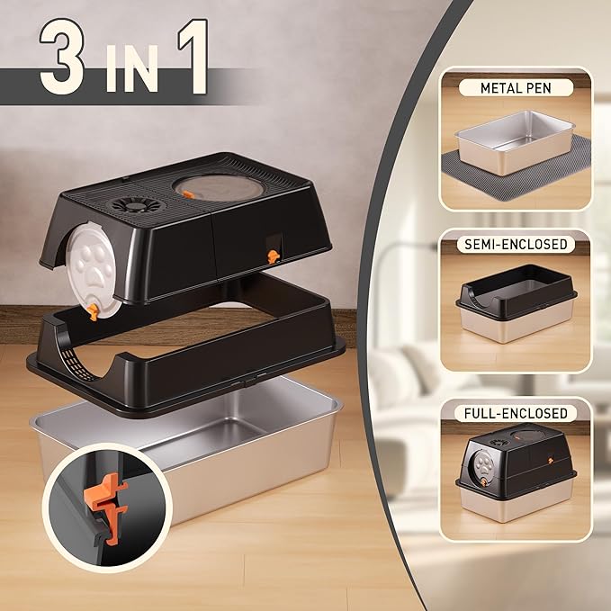 ITYLIFE CITYLIFE Stainless Steel Litter Box with Lid XL Large Enclosed Metal Box Anti-Leakagecat Litter Container Stainless Steel Includes Scoop, Odor Control Easy Cleaning, Dark Grey