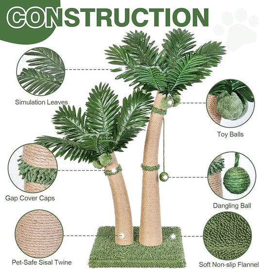 Palm Tree Cat Scratching Post, 36'' Cat Scratcher Post with Natural Sisal Rope, 5 Interactive Balls and 2 Curved Design Scratching Posts for Indoor Cats Adults and Kittens, Multi-Combinable (Style C)