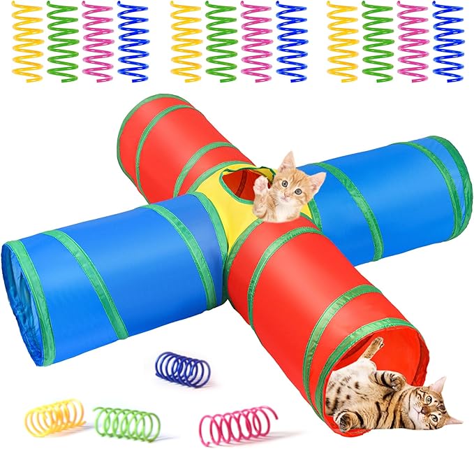 Cat Tunnel for Indoor Cats, 4 Way Large Cat Play Tunnel Tube with 12 Springs, Folded Pet Tube with Interactive Peephole, Large Rainbow Pet Tunnels for Indoor Kitten Rabbit