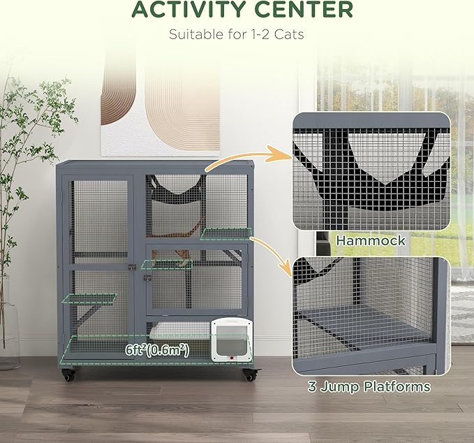 PawHut Indoor Wooden Catio, Cat House Cat Enclosure on Wheels with 3 Platforms, Hammock, Cat Flap Door & Openable Top, Luxury Kitty House for 2 Cats, 39", Light Gray