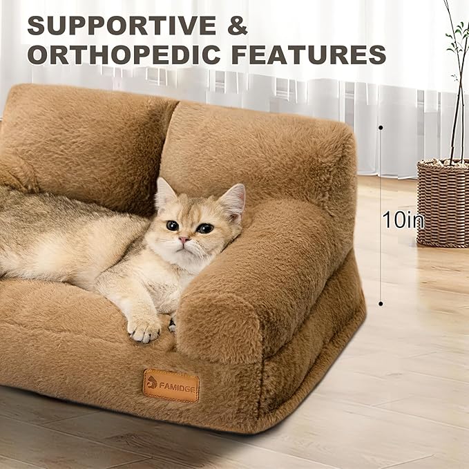 Cat Couch Bed - Cat Bed for Indoor Cats, Calming Pet Sofa Puppy Sleeping Bed with Removable Washable Cover, Cute Dog Couch and Kitty Lounge Chair for 12lbs Cats & Small Dogs(Brown)