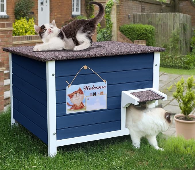 Rockever Outdoor Cat House, 100% Insulated Cat House for Outdoor Cats Weatherproof Feral cat House for All-Round Foam Layers Filling (Blue, L)