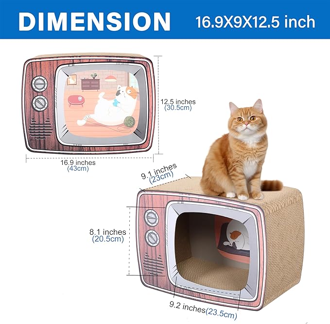 FluffyDream TV Cat Scraper - Durable Cat Leisure Bed - Indoor Scraper and Play House - Corrugated Toy Cat Birthday - 16.9L*12.5W*9H