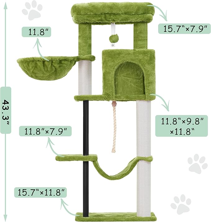 Cat Tree, Cat Tower for Indoor Cats, 43.3 inch Cat Tree Tower with Sturdy Steel Tube, Hammock, Cat Condo for Small Cats and Kittens, Scratching Post, Green GCT004SGR
