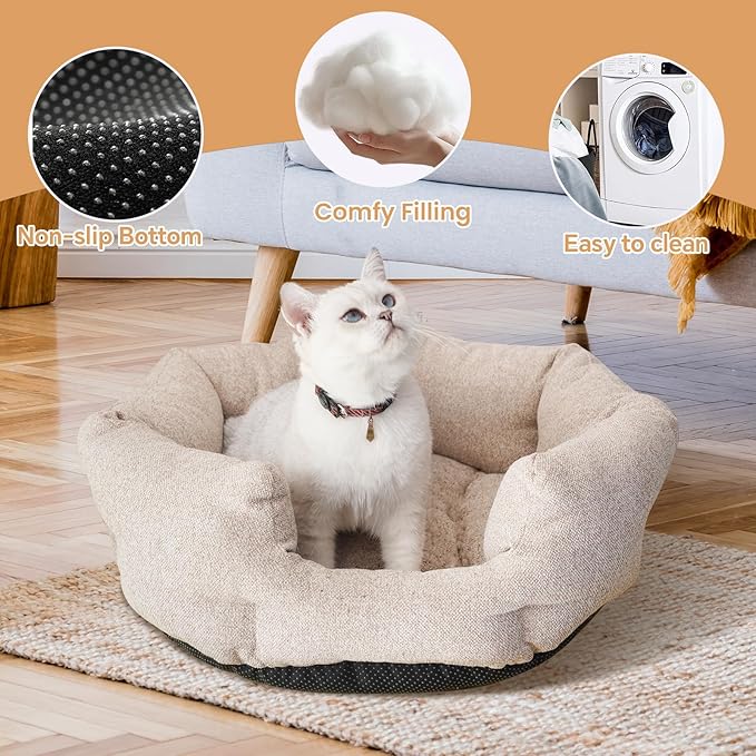 Washable Round Cat Beds for Indoor Cats,Dog Bed for Extra Small Dogs,Pet Sofa for Puppy and Kitty,Soft but Firm Year-Round Comfortable Pet Sofa with Non-Slip Bottom Beige 24 inches