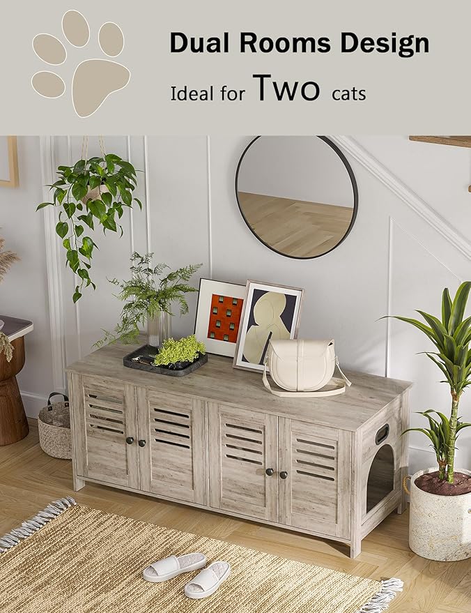 DINZI LVJ Litter Box Enclosure for 2 Cats, Hidden Litter Box Furniture with Double Rooms, Dual Cat Litter House, Front Doors, 47.2" Wooden Hidden Cat Washroom, Side End Table, TV Stand, Greige