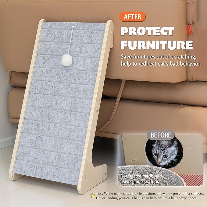 PETKARAY Felt Cat Scratcher, L Shaped Scratching Pad, Scratch Resistant Carpet Scratcher Ramp, Slot-Free Scratch Board with Toy Ball, Light Grey