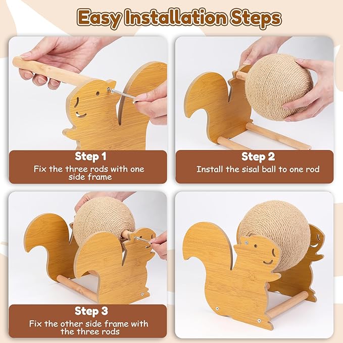 Outamateur Cat Scratching Ball Toy, Sisal Scratching Ball with Cute Stable Stand, Interactive Play and Exercise Toy for Kittens, Cats, Small Pets (Squirrel)