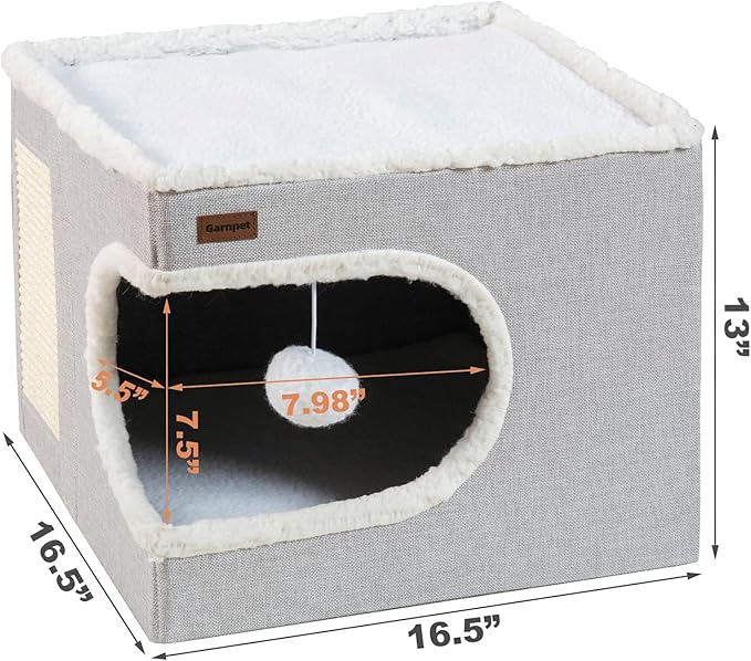 Cat Bed for Indoor Cats Cube House, Covered Cat Cave Beds & Furniture with Scratch Pad and Hideaway Tent, Cute Modern Cat Condo for Multi Small Pet Large Kitten Kitty, Grey