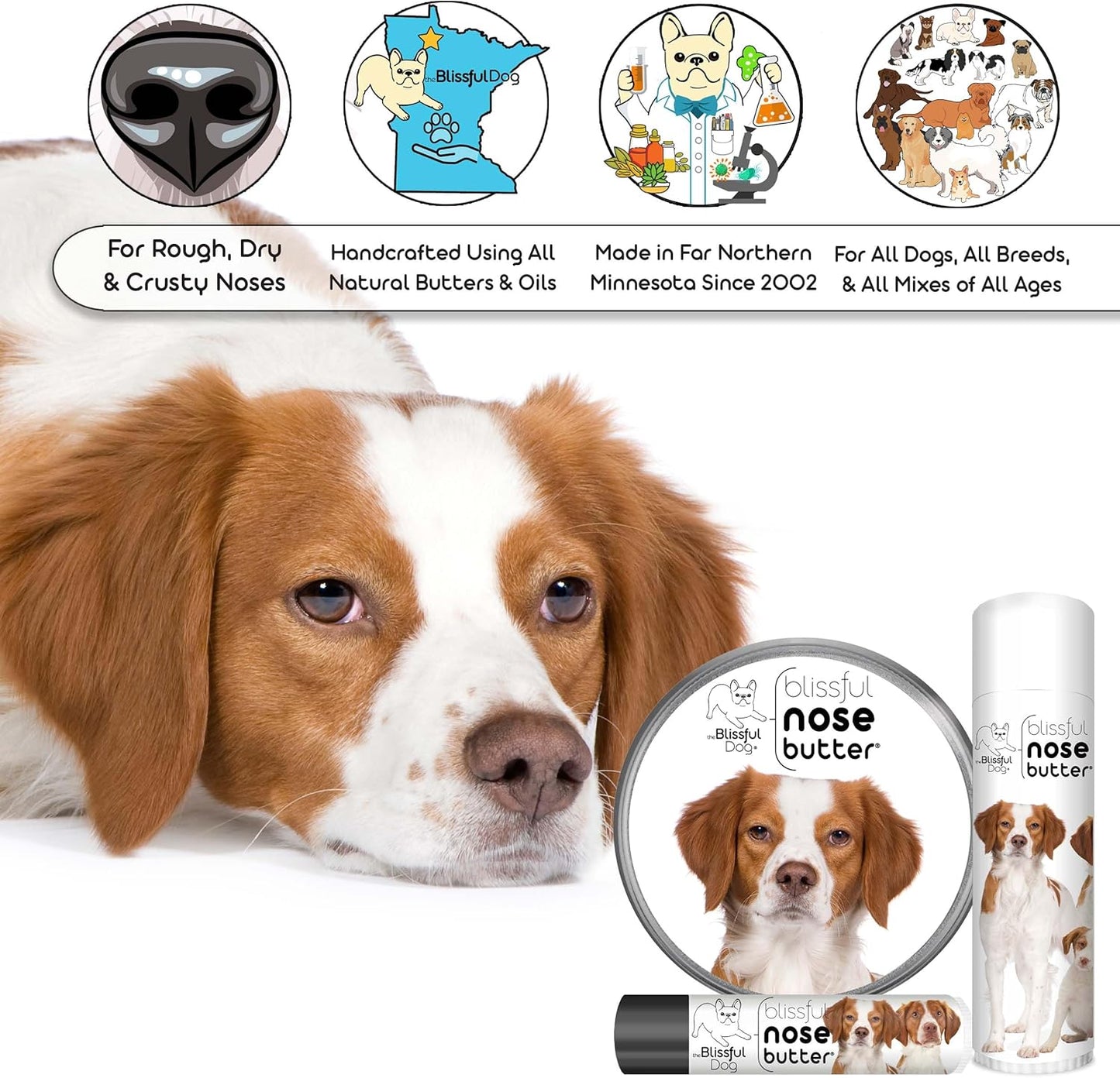 The Blissful Dog Brittany Spaniel Nose Butter for Dry, Cracked Skin, Lick-Safe Dog Nose Balm with Moisturizing Shea Butter, Almond, Olive, and Essential Oils, Pet Supplies, Uncented, 0.50 oz.