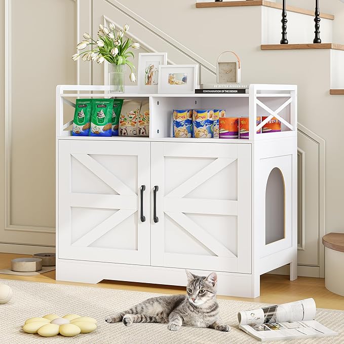 Cat Litter Box Enclosure, Ultra-Large Hidden Litter Box Furniture with Top Opening, Anti-Tipping Fence and 2 Open Drawers, Litter Box Cabinet End Table, White